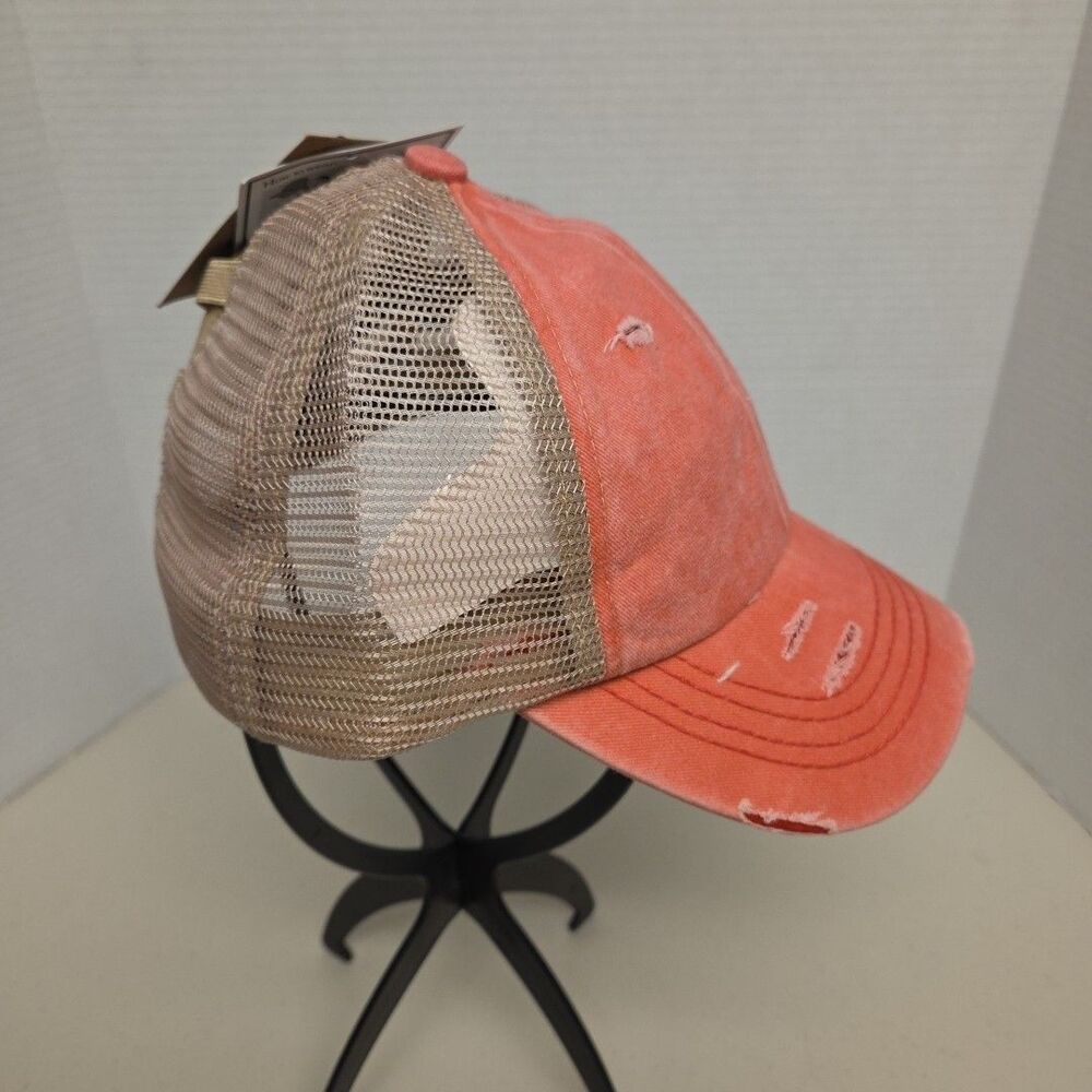 C.C Distressed Womens Criss Cross High Bun Ponytail Adjust Pink Baseball Cap Hat - Picture 8 of 11